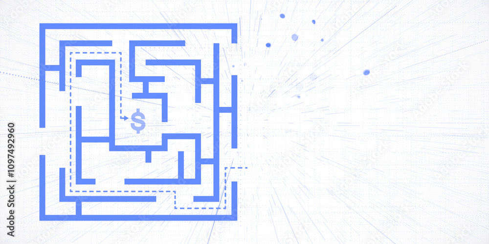 Poster Abstract maze design symbolizing financial challenges and solutions on a light digital background. 3D Rendering