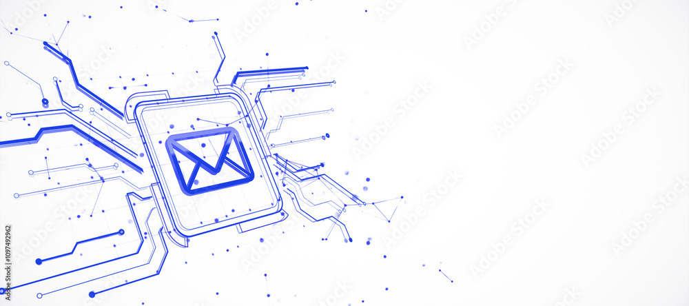Poster Digital email network icon with abstract blue circuit connections on light background, representing communication technology. 3D Rendering