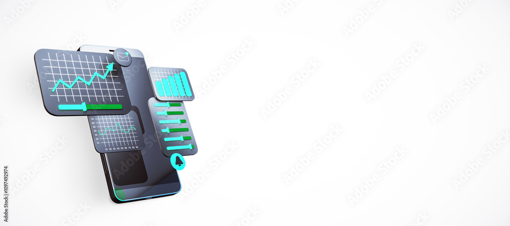 Poster Smartphone with floating analytics and graphs on a light background. 3D Rendering