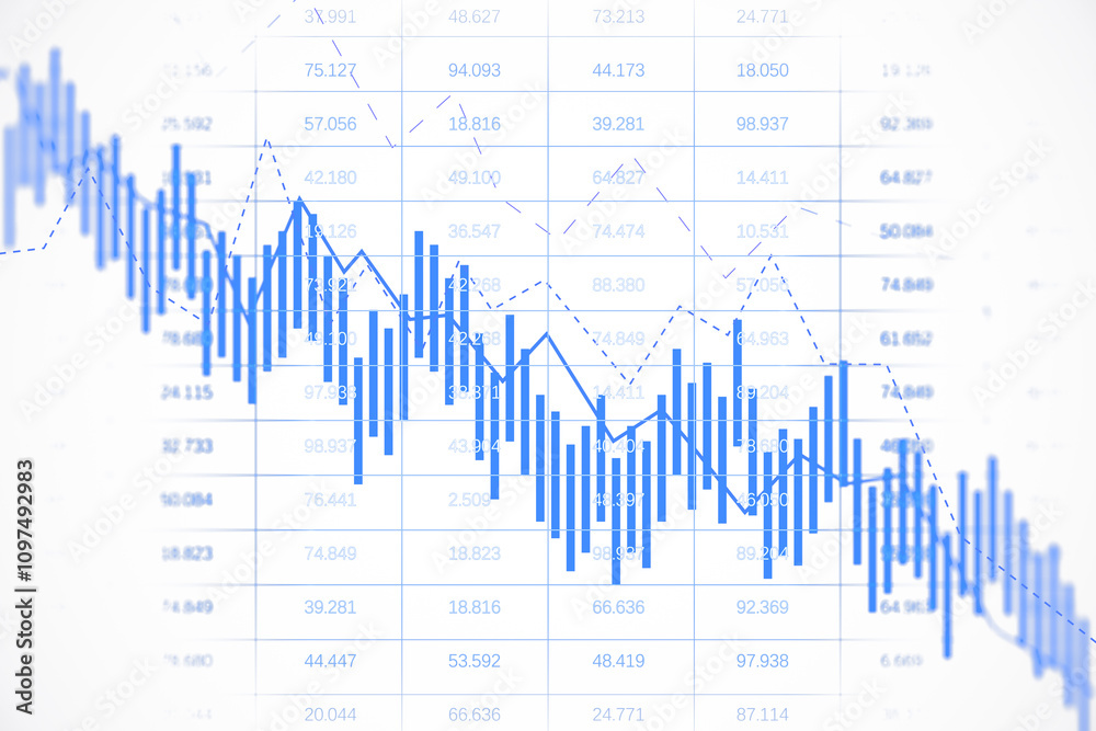 Poster Abstract financial chart with blue bars and lines on a light gradient background. 3D Rendering