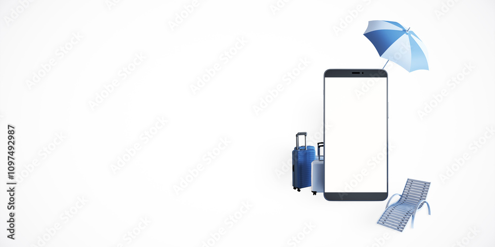 Aufkleber Minimalistic design featuring a smartphone with travel items on a white background. Concept of digital vacation planning. 3D Rendering