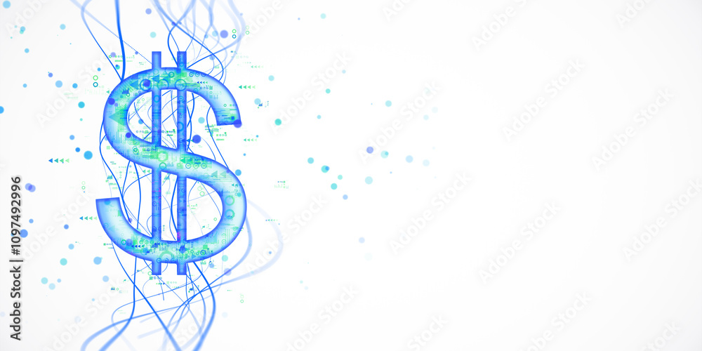 Poster Digital dollar sign with abstract lines and dots on white gradient background. 3D Rendering