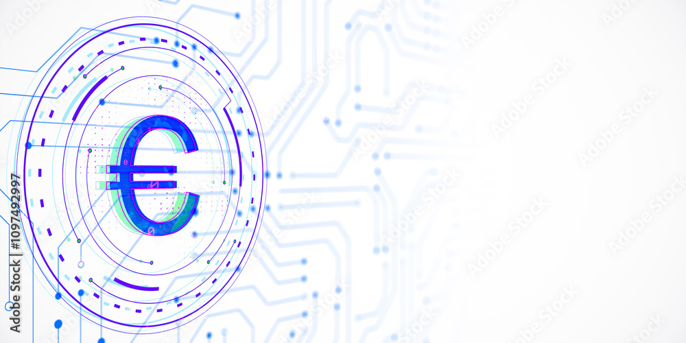 Poster digital euro symbol with circuit design on white background, symbolizing technology and finance conc