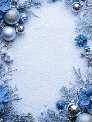 Festive Christmas wreath decorations frame A Beautiful Winter Scene Featuring Silver Baubles, Blue Flowers, and Snowy Accents Framing an Empty Space for Text in a Festive Setting