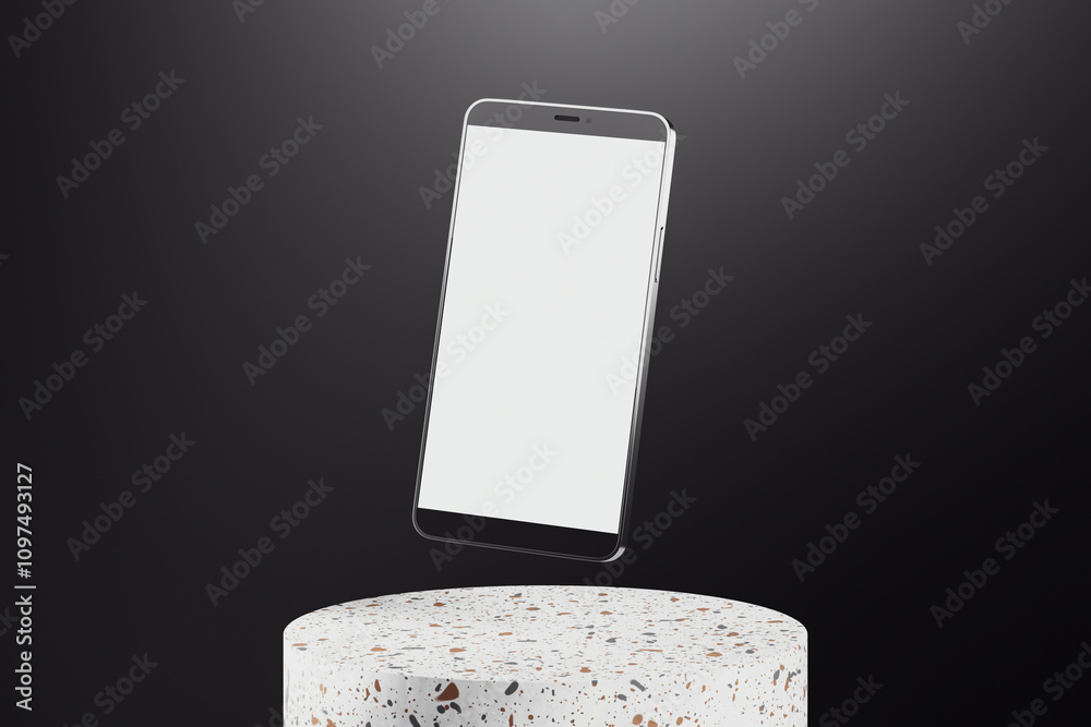 Poster smartphone presentation mockup with blank screen on a terrazzo base, floating in mid-air, on a moder