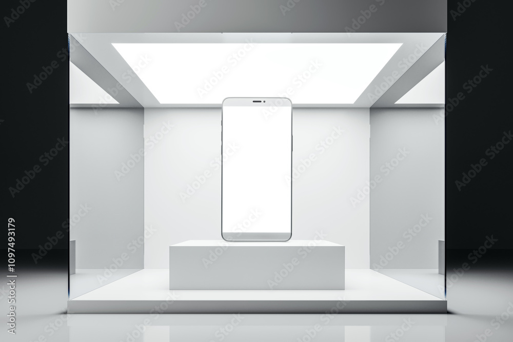 Poster modern smartphone displayed on a white podium in a minimalist exhibition space under bright lighting