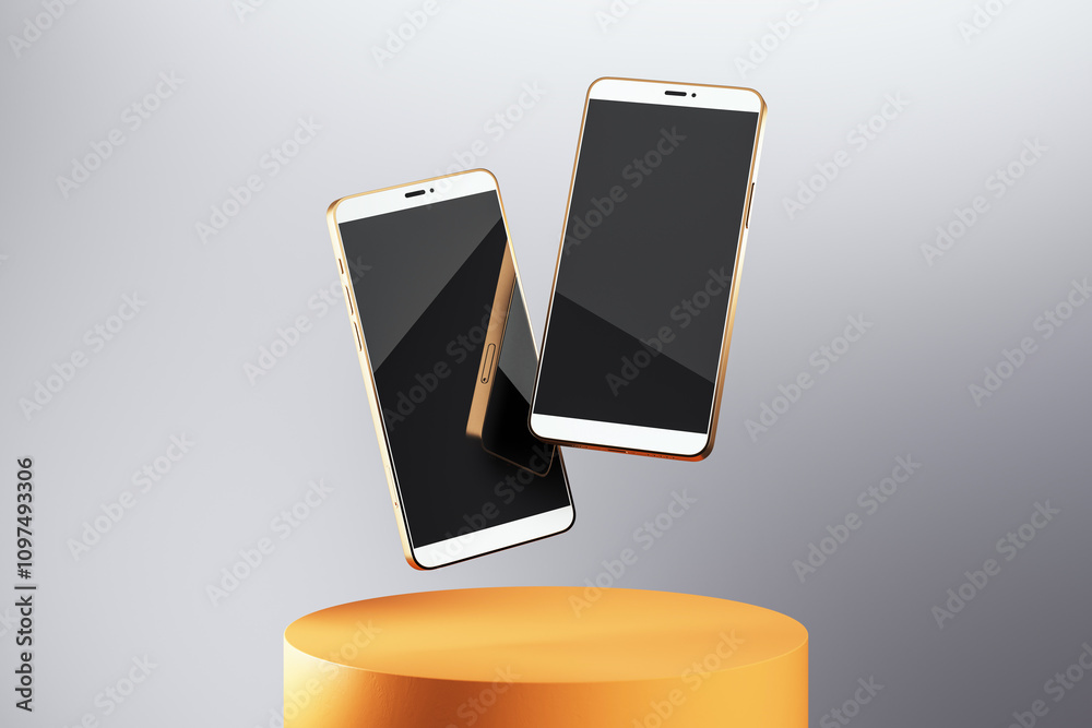 Poster two smartphones with black screens floating above an orange platform against a gray background. clea
