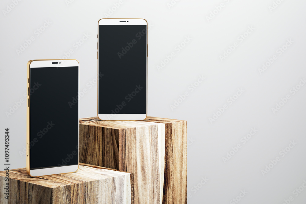 Poster Golden smartphones mockup on wooden blocks with blank screens on a light background. Presentation of mobile devices in a modern setting. 3D Rendering