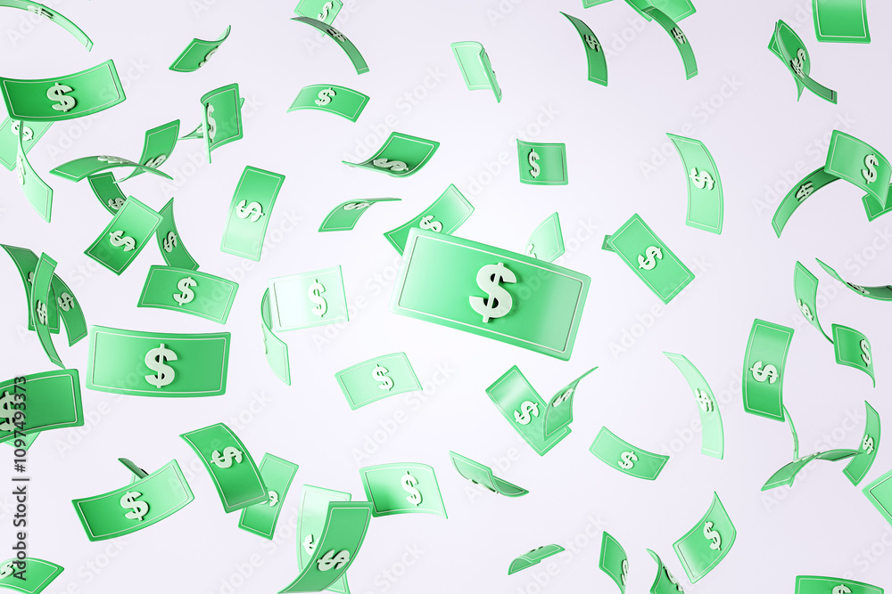 Poster falling green dollar bills with white dollar signs on a light background. 3d rendering