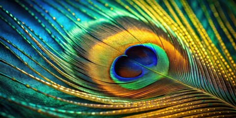 Obraz premium A vibrant close-up showcasing the intricate details of a single peacock feather, revealing its iridescent colors and elegant structure.