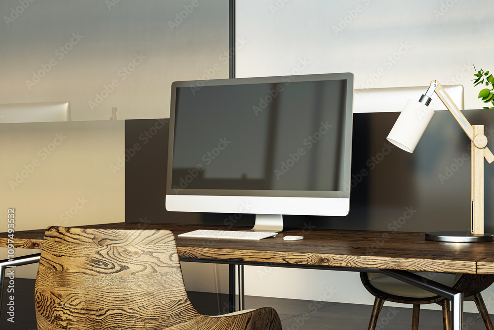 Poster modern office desk with a computer, lamp, and wooden chair in a clean workspace. neutral walls and g