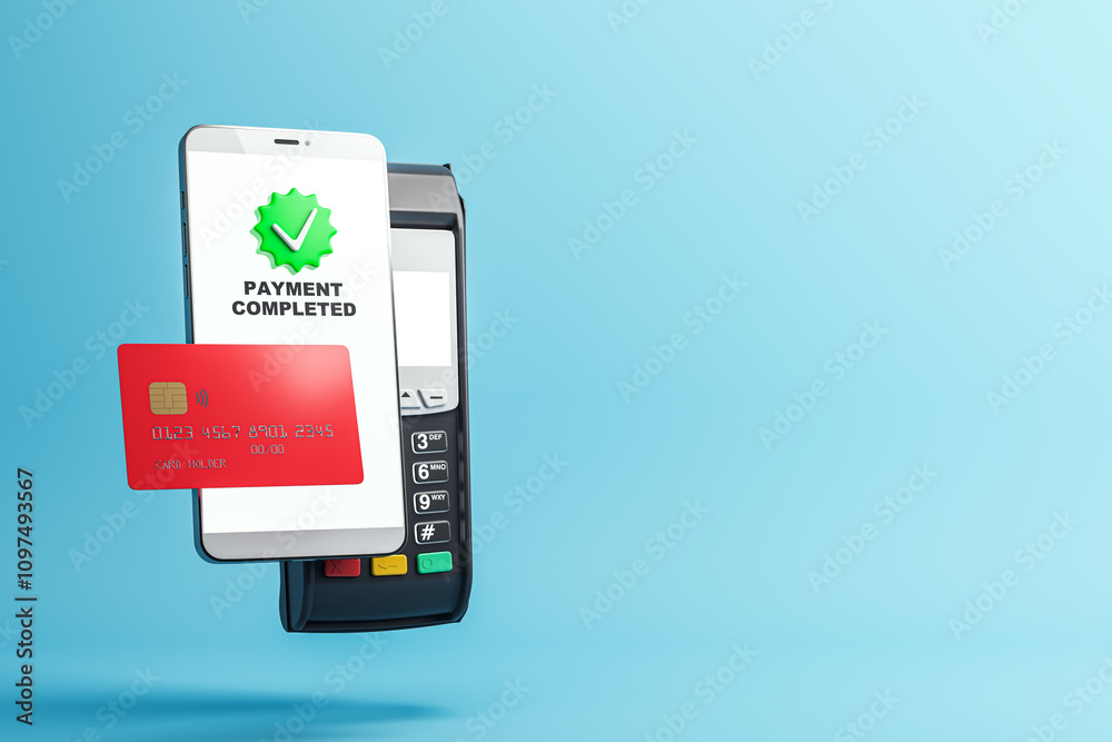 Poster payment completed concept with credit card, smartphone showing success icon, and card reader on blue