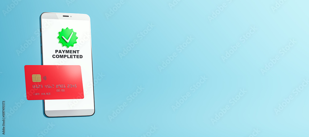 Poster smartphone with payment completed message and red credit card on light blue background, representing