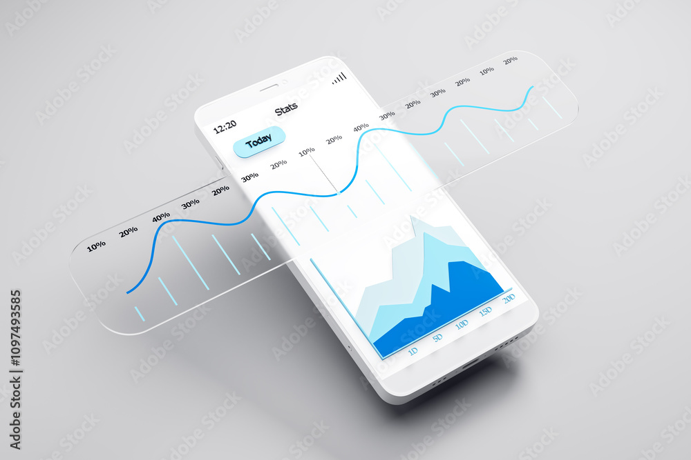 Poster Smartphone displaying financial statistics graph on clean white background, with blue data visualizations and light modern design. 3D Rendering