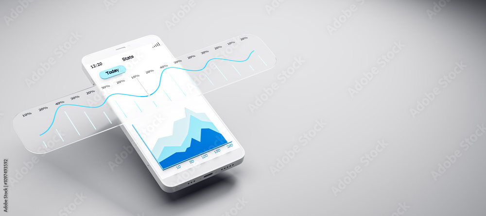 Aufkleber Abstract smartphone displaying financial and statistical data interface on a white background, concept of modern digital business technology. 3D Rendering