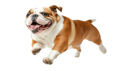 Transparent background joyful bulldog leaps playfully, showcasing its energetic spirit and friendly demeanor. This lively dog embodies happiness and enthusiasm in its playful jump