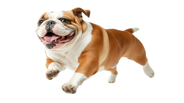 Transparent background joyful bulldog leaps playfully, showcasing its energetic spirit and friendly demeanor. This lively dog embodies happiness and enthusiasm in its playful jump