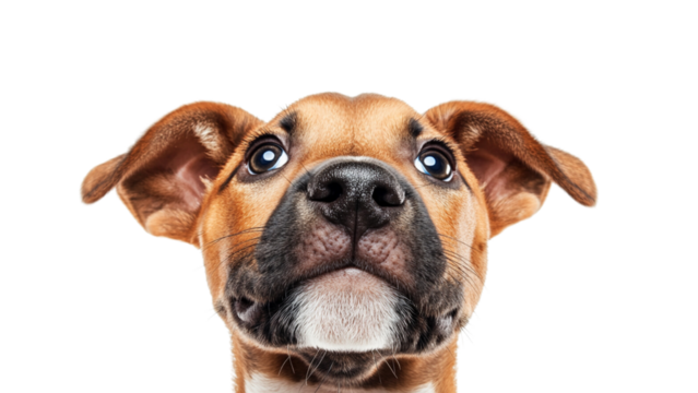 Transparent background close up of curious dog with expressive eyes and playful demeanor, showcasing its adorable features and soft fur. This captures essence of canine charm and affection