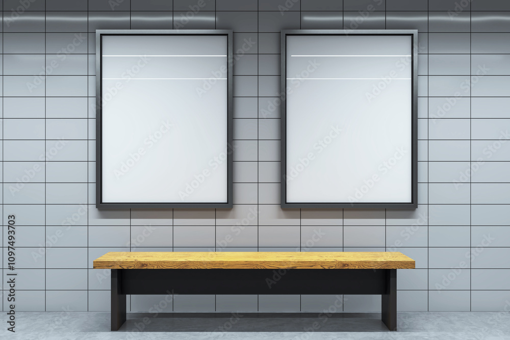 Poster two vertical blank posters with black frames on a tiled wall, wooden bench below them in a modern in