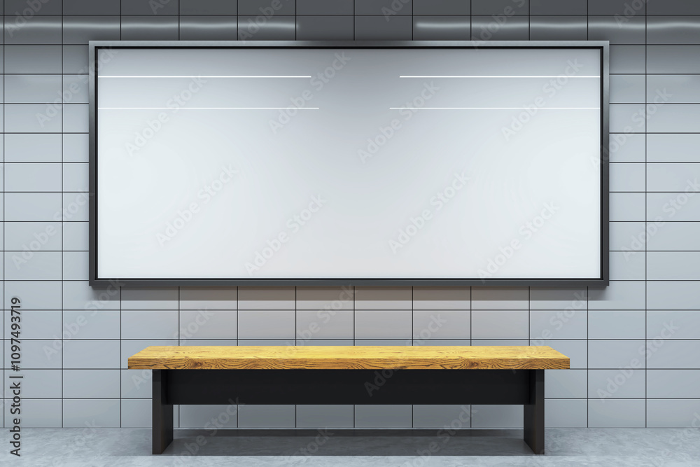 Poster horizontal subway station billboard mockup with bench on tiled wall background in modern interior sp