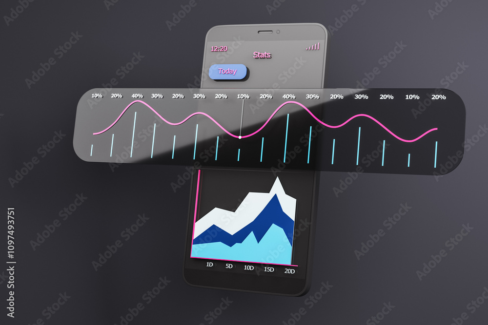Poster Smartphone displaying financial data with chart interface on dark background, showcasing modern technology for market analysis. 3D Rendering