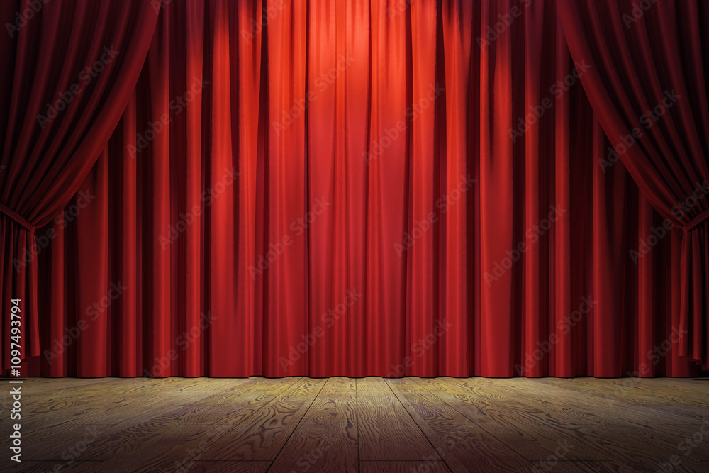 Poster red stage curtains with spotlight, wooden floor, classic theater scene background, empty and closed 