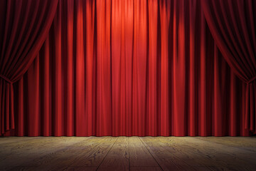 Red stage curtains with spotlight, wooden floor, classic theater scene background, empty and closed...