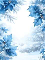 Festive Christmas wreath decorations frame Snowy Winter Backdrop with Blue Poinsettias Framing a Blank White Center for Your Custom Text and Seasonal Greetings