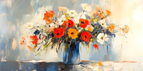 A vibrant bouquet of colorful flowers arranged in a blue vase. This art piece features bold red, orange, and white blooms. It captures beauty and joy. Perfect for home decor. AI
