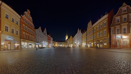 Fototapeta premium Night view of a cobblestone town square with colorful historic buildings.