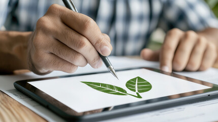 A person sketches green leaves on a tablet, showcasing digital creativity and nature-inspired design.