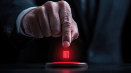 A close-up of a hand poised to press a glowing red button with the number three, suggesting action or decision-making.