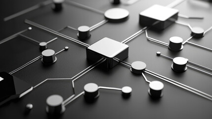 A close-up view of a sleek, modern circuit board design featuring geometric shapes and metallic elements on a dark background.