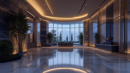 Fototapeta premium Modern lobby design with natural light and elegant decor in a luxury building