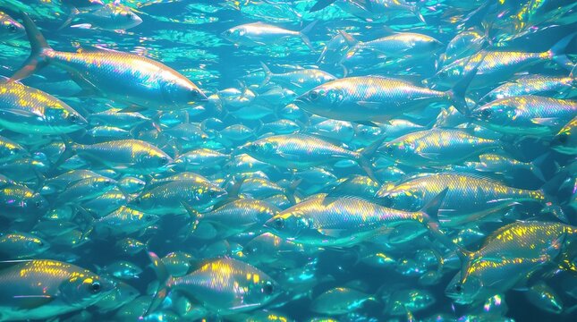 Clear blue water with schools of fish swimming together, clear water, colorful fish, underwater world