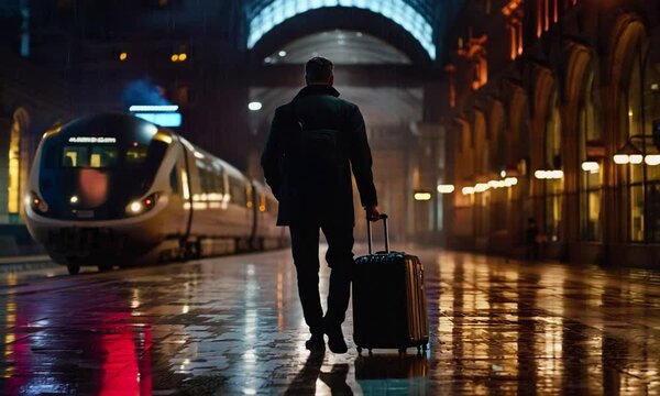 A man walks through a rainy train station at night, pulling a suitcase behind him.