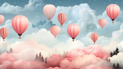 Fototapeta premium Hot air balloons soaring above colorful clouds scenic landscape digital art dreamy environment aerial view serenity and adventure