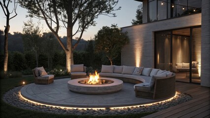 Soft flickering flames dance within a modern fire pit nestled a a circle of sleek minimalist seating made from weatherresistant materials creating a perfect spot for intimate