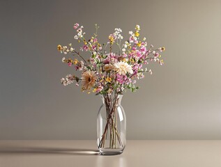 Close-up of Fresh Organic Flowers and Herbs in a Glass Vase, fragrant herbs, kitchen essentials, organic herbs, home decor