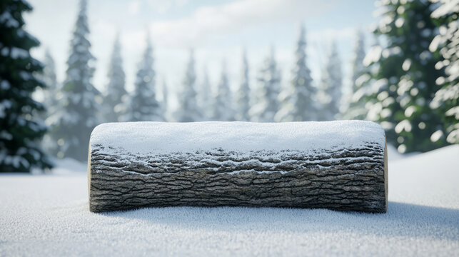 close up of snow covered log in winter forest, surrounded by evergreen trees. serene atmosphere evokes sense of tranquility and beauty in nature
