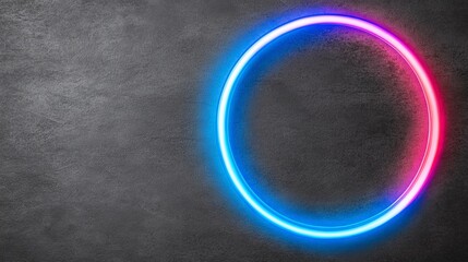Neon Circle on Dark Wall:  Vibrant blue and pink neon circle glowing on a dark textured wall. Modern, stylish, and minimalist design. Perfect for backgrounds, presentations, or design projects.