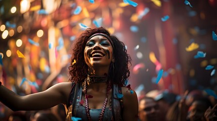 Obraz premium Celebratory festival atmosphere colorful confetti urban street scene vibrant mood close-up view joyful community spirit