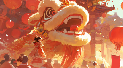  A cute dragon dances in front of the red lanterns, surrounded by people holding colorful flags and firecrackers