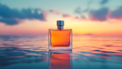 An elegant square glass perfume bottle with an orange liquid, centered in the foreground, set against a blurred background of blue sea and sky at sunset.