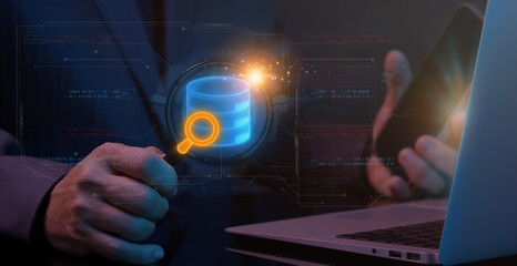 Data Retrieval icon, Document Management concept for system or process used to capture, track and store electronic documents. Database icon with magnifying glass isolated on virtual screen.