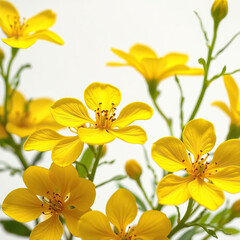 Obraz premium Close-up of yellow flowers with green leaves on white background, watercolor, artistic, foliage, bright
