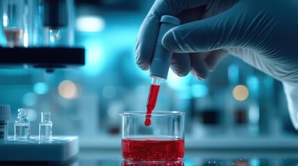 Hand of a Scientist in a Lab Dropping Red Liquid from a Pipette into a Beaker, Close-Up on Scientific Research and Experimentation in Modern Laboratory Environment
