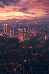 Obraz premium A vibrant cityscape at sunset, showcasing illuminated buildings and a bustling urban environment.