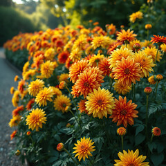 Dahlia garden with yellow orange and red flowers in various stages of bloom, garden, yellow, orange
