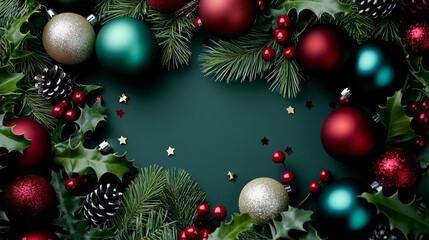 Festive flat lay with shiny ornaments starshaped candles confetti frosted pine branches and holly berries on a green background with space for text